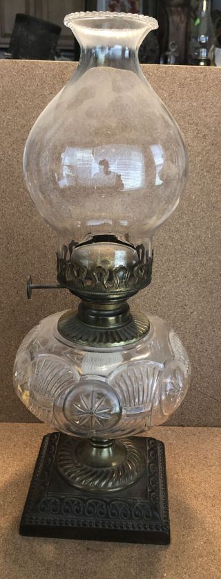 Antique Eapg Glass Oil Lamp W/ Cast Iron & Brass Base 16” Complete