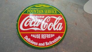 Porcelain Drink Coca Cola Fountain Service Enamel Sign 30 " Inches Double Sided