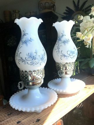 Vintage Pair Blue White Glass Boudoir Lamps Bedside Lamps Floral