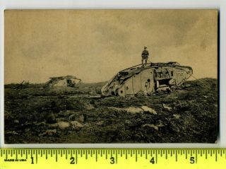 German Soldier Stands On Knocked Out English Tanks - German Postcard