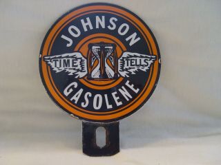 Vintage Johnson Gasolene Gasoline 2 - Piece Porcelain License Plate Topper Sign