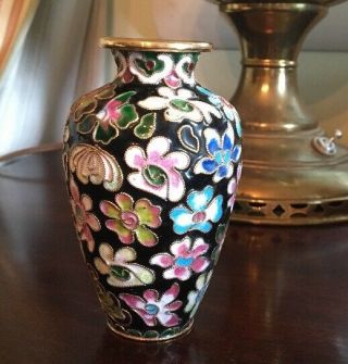 Vintage Black Chinese Cloisonné 4 " Vase W/ White Pink Green Blue Aqua Gold -