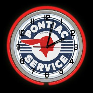19 " Pontiac Service Distressed Sign Red Double Neon Clock Chevy