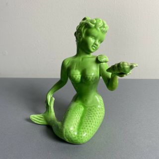 Vintage Mid Century 7.  5 " Green Ceramic Mermaid Aquarium Bubbler? Figurine Statue