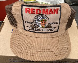 Vintage Red Man Chewing Tobacco Mesh Trucker Hat Corduroy Snapback Cap Patch