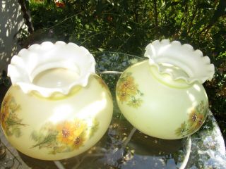 Pair Vintage Hurricane Lamp Shades Satin Glass Hand Painted 6 7/8 Fitter