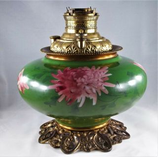 Antique Oil Lamp Base Handpainted Glass With Brass Font,  Burner