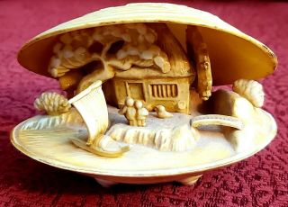 Vtg Japanese Diorama Carved Celluloid Village Scene Clam Shell Water Wheel Spins