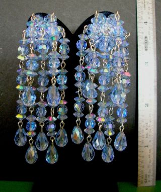 Vintage Sherman Signed Blue Aurora Borealis Crystal Cascade Clip Earrings