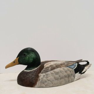 Vintage Hand Carved Painted Wood Mallard Duck Decoy,  Glass Eyes.  Signed,  1985