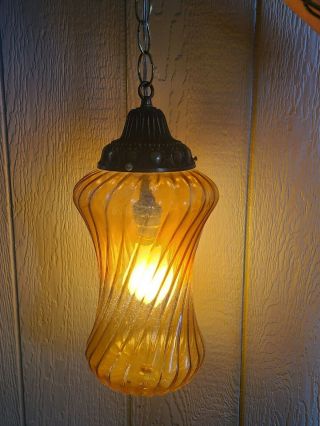 Vintage Mid - Century Modern Amber Glass Swag Hanging Lamp Light