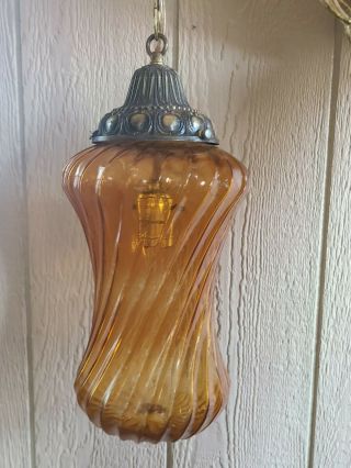 Vintage MID - CENTURY Modern AMBER Glass SWAG Hanging LAMP Light 3