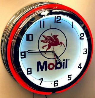19 " Mobil Gas And Oil Sign Double Neon Clock Red Neon Chrome Finish