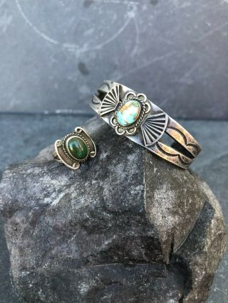Fred Harvey Vintage Navajo Southwestern Silver Turquoise Cuff Bracelet & Ring