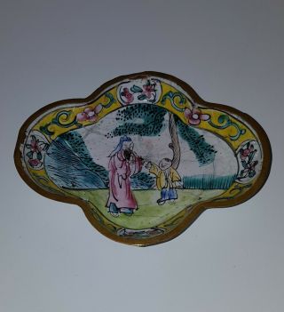 Small Vintage Chinese Trinket Dish Jewelry Tray Hand Painted Enamel On Copper