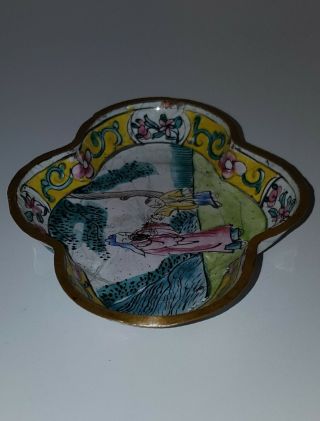 Small Vintage Chinese Trinket Dish Jewelry Tray Hand Painted ENAMEL ON COPPER 2