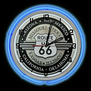 19 " Route 66 Sign Blue Double Neon Clock Garage Man Cave Decor