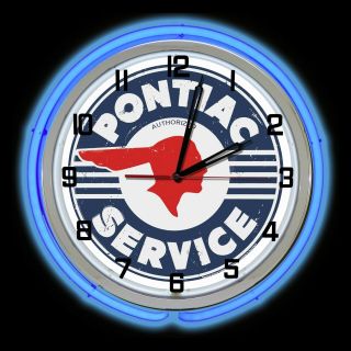 19 " Pontiac Service Distressed Sign Blue Double Neon Clock Chevy