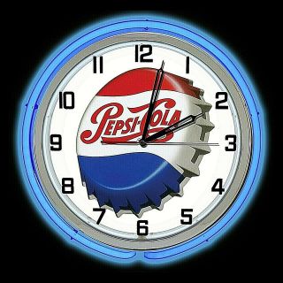 19 " Pepsi Cola Bottle Cap Sign Double Blue Neon Clock Man Cave Bar Garage