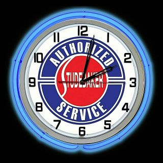 19 " Studebaker Service Blue Double Neon Clock Chrome Man Cave Garage