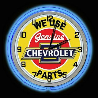 19 " We Use Chevrolet Parts Sign Double Blue Neon Clock Chevy