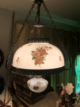 Vintage Glass Chandelier Hanging Swag Lamp,  Mid Century,  Earthtone Floral 27 " Drop