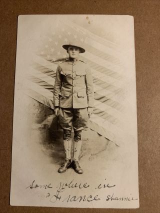 World War 1 Era Soldier American Flag Fort Gotten York Id’d Postcard Rppc