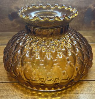 Vintage Amber Diamond Quilted Glass Hurricane Lamp Shade With Ruffled Top Edge