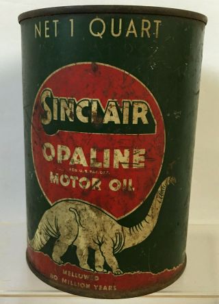 Metal Sinclair Opaline Motor Oil Quart Can Empty No Lid White Dinosaur