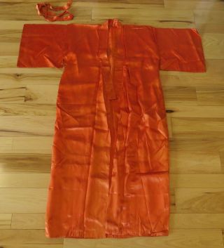 Lovely Vintage Red /orange Oriental Silk Kimono Long Robe With Belt And Flowers