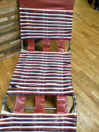 Vtg Folding Steel Chaise Lounge Lawn Beach Chair Vinyl PVC Tubing red white blue 3
