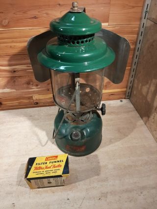 Vintage 1955 Coleman Model 220e Camping Lantern With Rare Shield And Funnel.  Nr