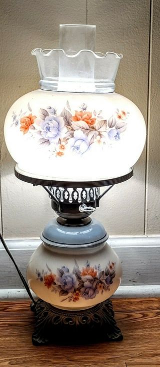 Vintage Large 19 " Tall Gwtw Electric Hurricane Lamp Blue/orange Floral 3way