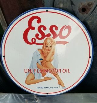 Old 1939 Esso Porcelain Sign Gas Oil Pin Up Texas Blonde Men 