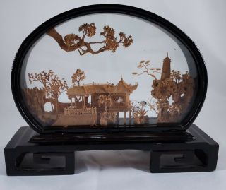 Vintage Chinese Hand Carved Cork Diorama Pagoda And Cranes Fujian China Read