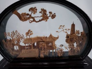 Vintage Chinese Hand Carved Cork Diorama Pagoda And Cranes Fujian China READ 2