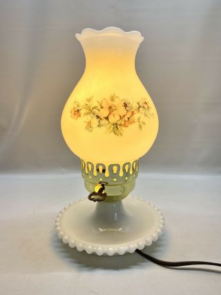 Vintage Milk Glass Hurricane Lamp Electric Rose Floral Design 10.  5 " Retro