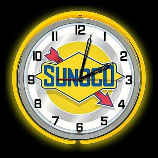 19 " Sunoco Oil Vintage Sign Double Yellow Neon Clock Gasoline Gas Man Cave
