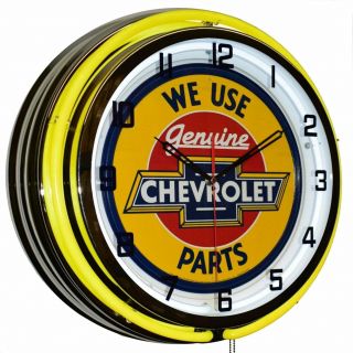 19 " We Use Chevrolet Parts Sign Yellow Double Neon Clock Chevy