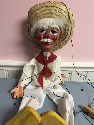 Vintage Mexican Old Man Marionette Folk Art Wooden Sombreros String Puppet 3