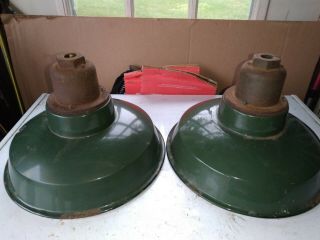 2 Vintage Green Porcelain Metal Industrial Gas Station Light Lamp Shade 12 " Dia.