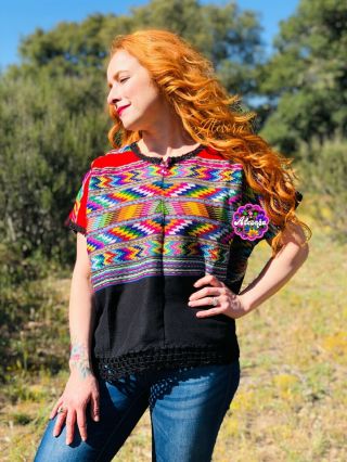Vtg 80s 90s Guatemalan Huipil Poncho Top Embroidered Woven Fabric Hippie