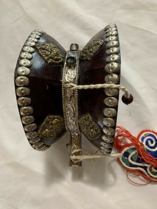 Vintage Handmade Tantrik Tibetan Kapala Damaru,  Drum Leather Silver Silk