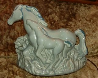 Vintage 1950s Ceramic Horse Tv Lamp Mid Century Modern Mare Foal Baby Blue