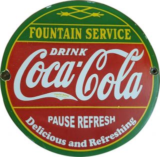 Porcelain Coca Cola Fountain Service Enamel Sign Size 30 " Inches Double Sided