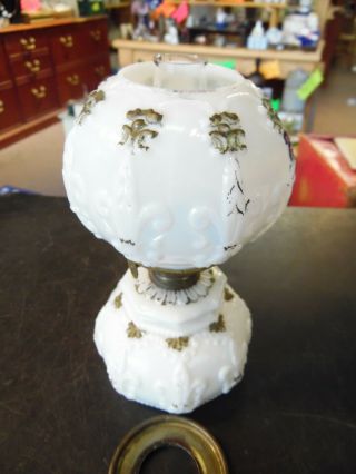 Antique Fleur De Lis Milk Glass Oil Lamp