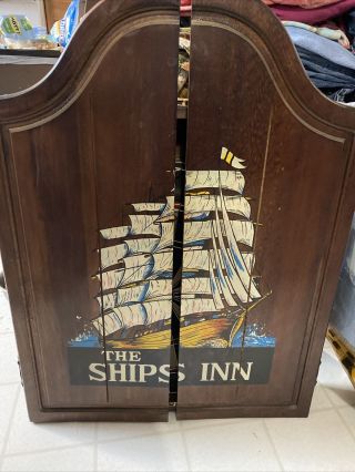 Vintage The Ships Inn Dart Board Cabinet Double - Sided Board - Retro Bar Style