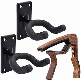Guitar Wall Mount 2 Pack Black Guitar Hanger With Guitar Capo For Acoustic