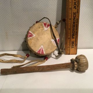 Small Vintage 3 1/4”d.  Hand Painted Native American Rawhide Drum & Drum Stick