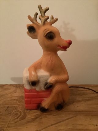 Vintage Rudolph Red Nose Reindeer Chimney Christmas Blow Mold 14” Tall Light Up